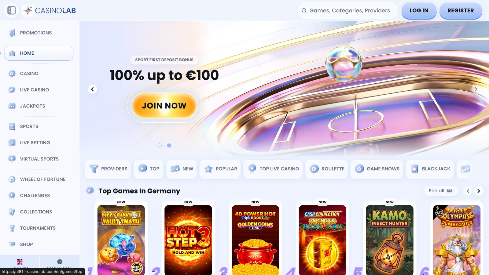 Strona główna platformy Casinolab z banerem powitalnym oraz sekcjami gier kasynowych