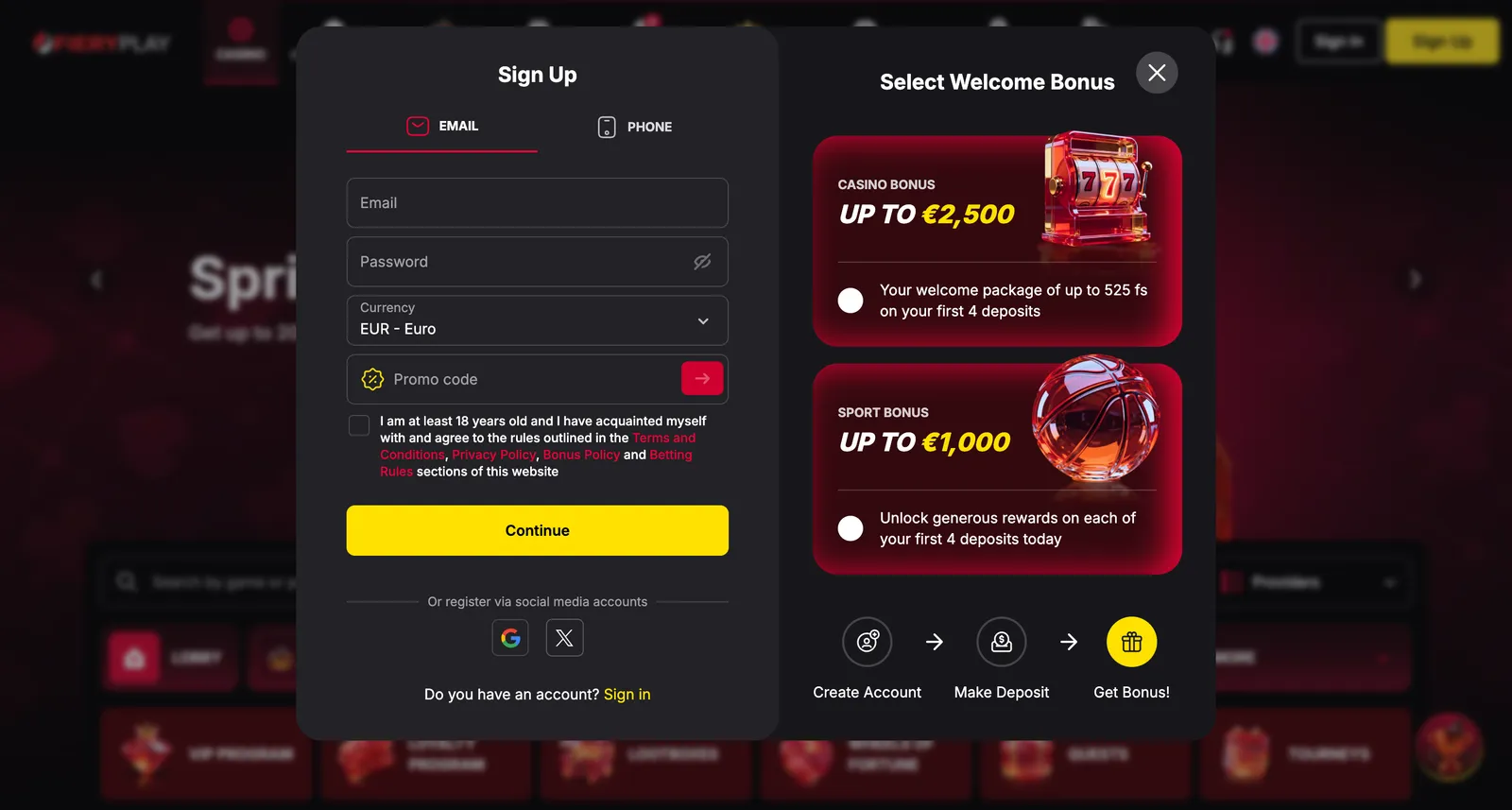 Formularz rejestracji konta gracza z wyborem pakietu powitalnego w FieryPlay Casino