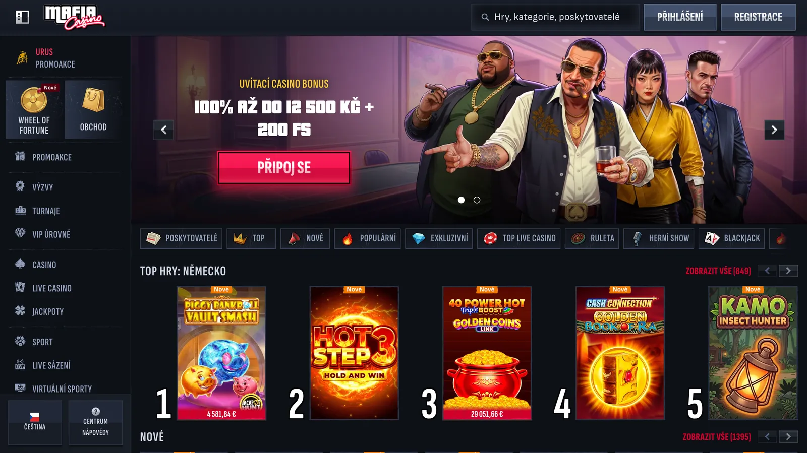 Strona główna MafiaCasino z banerem bonusu powitalnego, menu promocji i top grami