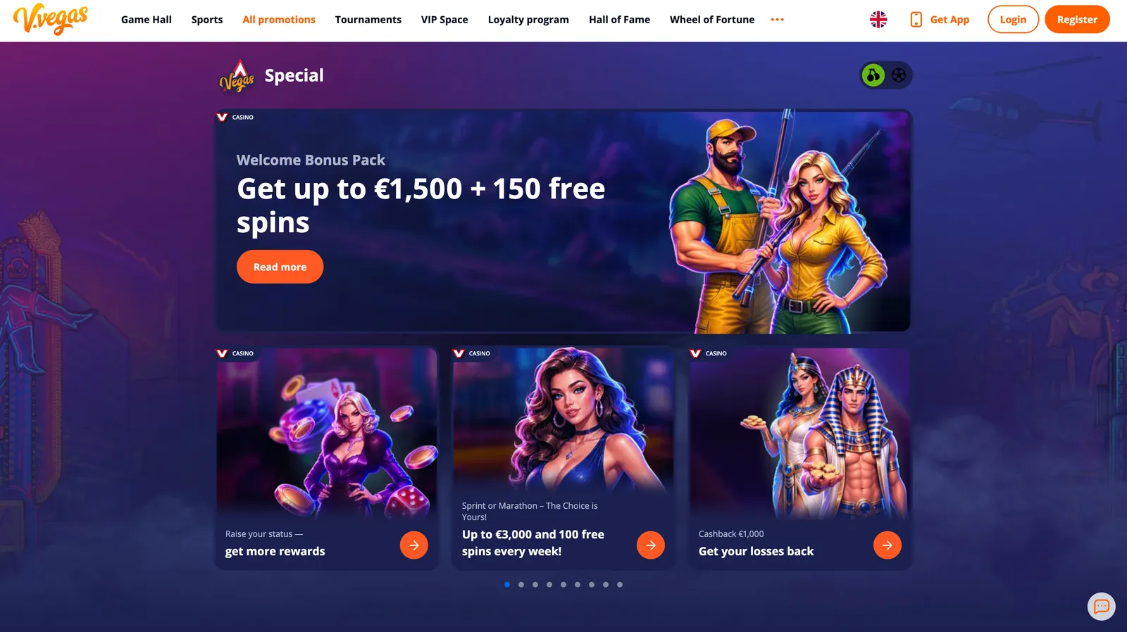 Sekcja promocji kasynowych V.Vegas z pakietem powitalnym, nagrodami VIP oraz cotygodniowym cashbackiem