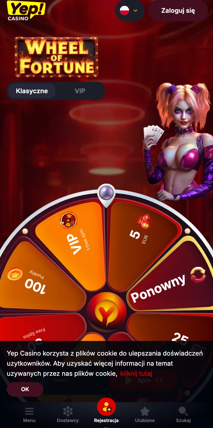 Mobilny interfejs Yep! Casino z widokiem koła fortuny na smartfonie